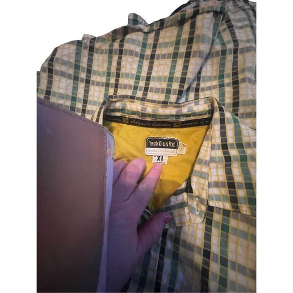 Ecko Unltd Mens Yellow & Blue Short Sleeve Plaid Button-Up Shirt Size XL - Picture 15 of 15